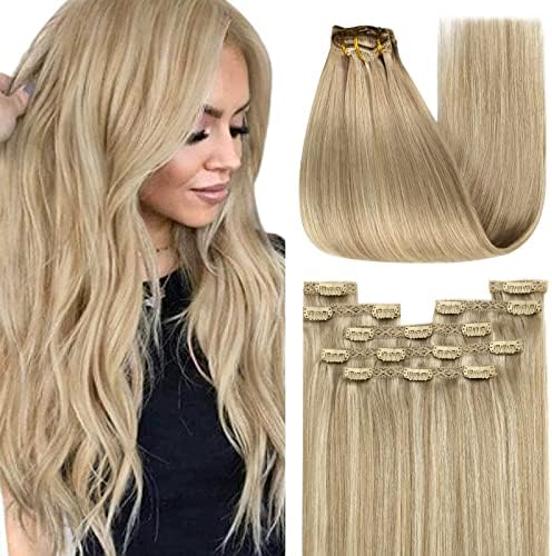 YoungSee Clip in Extensions Echthaar 30cm Blond Echthaar Extensions Clip Blond mit Mittelblond St...